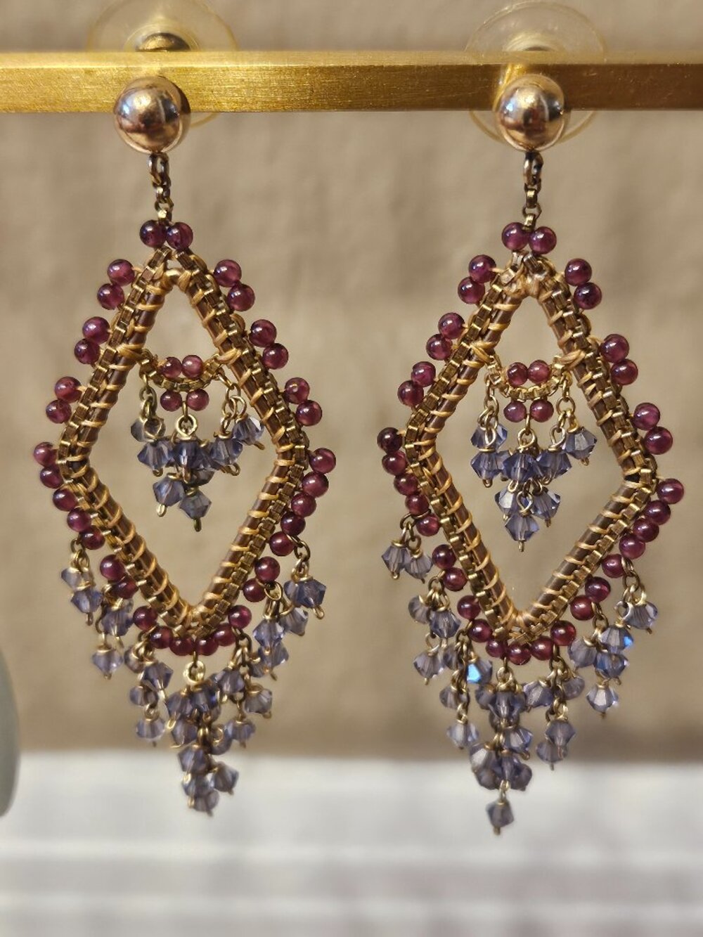 RARE MIGUEL ASES GARNET AMETHYST DIAMOND KITE STONE BEADED CHANDELIER EARRINGS